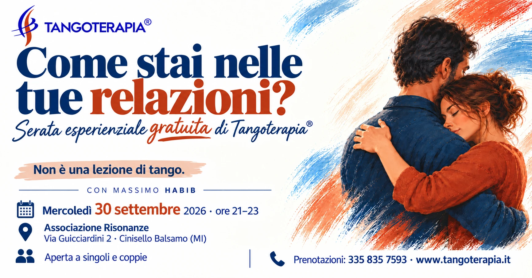Come stai nelle tue relazioni? Serata gratuita di Tangoterapia® con Massimo Habib, 30 settembre 2026, ore 21–23, Associazione Risonanze a Cinisello Balsamo.